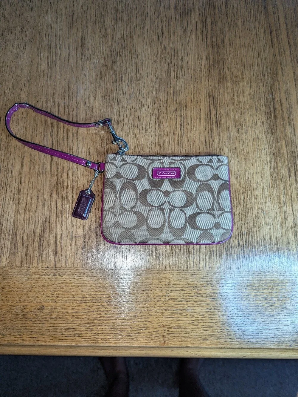 Coach Signature Canvas Wristlet in Tan with Pink Trim